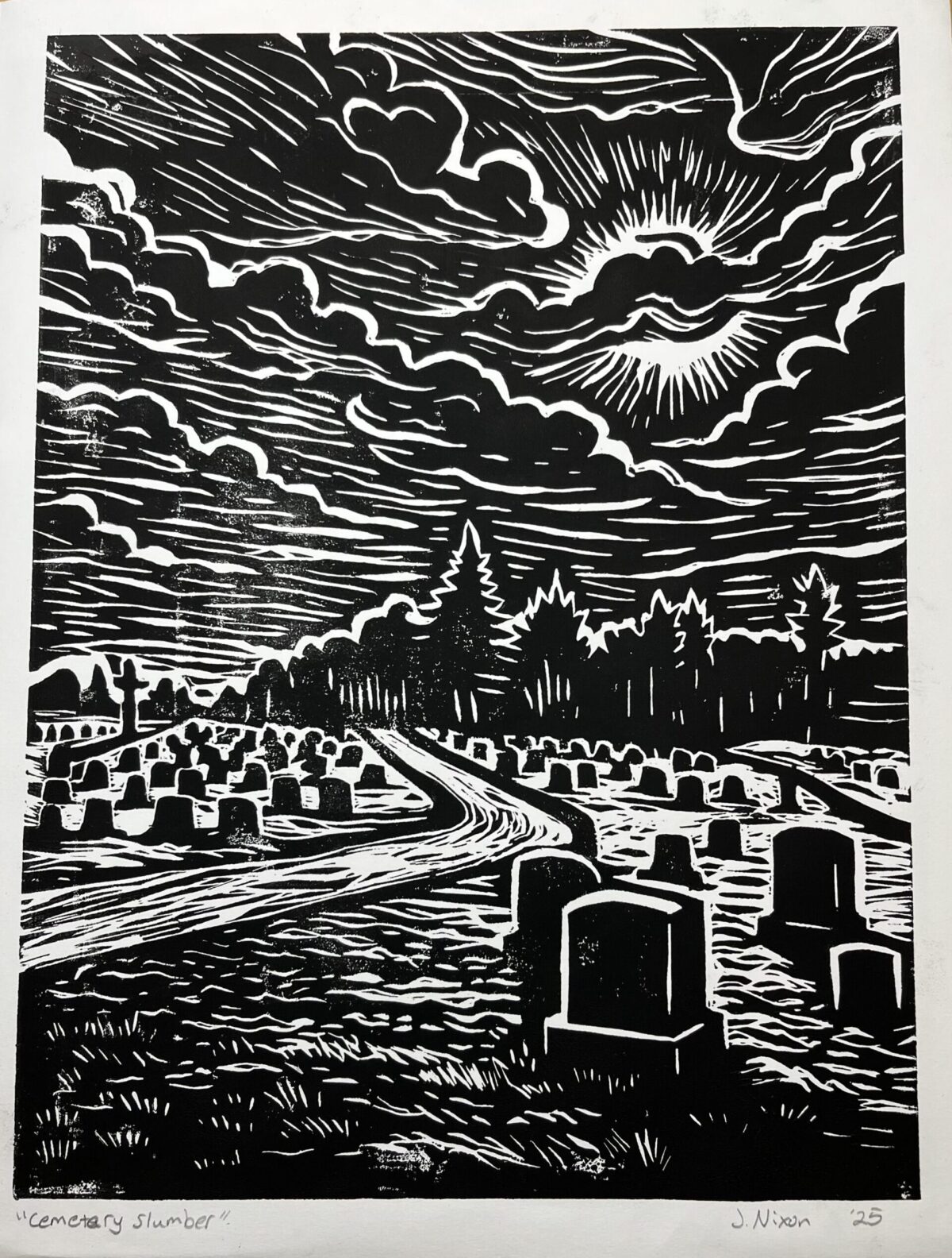 “Cemetery Slumber” Linocut (11x14)